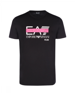 T-shirt nera mezza manica con logo EA7 e fascia fucsia fluo
