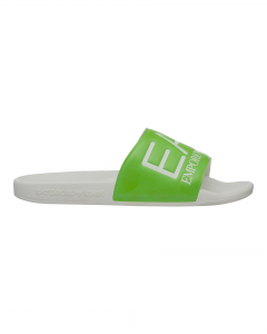 Ciabatta slider bianca con fascia verde e maxi-logo stampato
