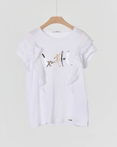 T-shirt bianca in cotone stretch con volants e scritta Beautiful laminata in oro davanti 10-16 anni