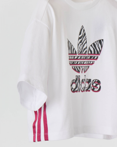 T-shirt bianca cropped con Trifoglio in fantasia zebrata e bande color porpora 9-14 anni