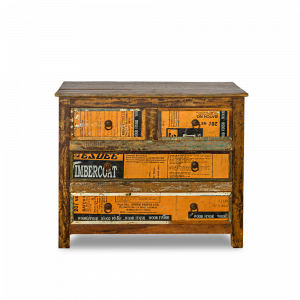 Cassettiera in legno di teak con 4 cassetti parte frontale latta recuperata dai bidoni cera finitura mobili #1071IN550