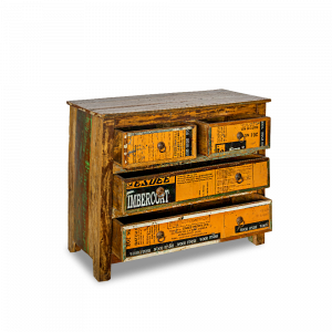 Cassettiera in legno di teak con 4 cassetti parte frontale latta recuperata dai bidoni cera finitura mobili