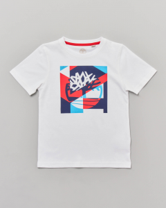 T-shirt bianca mezza manica con stampa grafica logo rossa blu e azzurra 6-12 anni