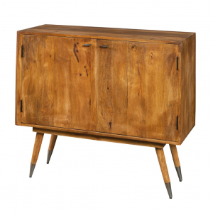 Twill - Credenza bassa 2 ante in legno massello di mango, colore naturale in stile nordico vintage, dimensioni 100 x 40 x 86 h