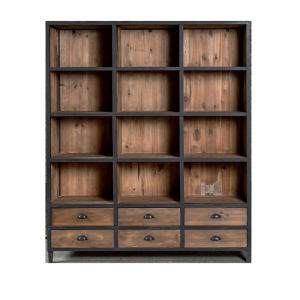 Enos - Libreria in legno massello di olmo e metallo, colore naturale stile industrial vintage, dimensioni 160 x 40 x 200 h
