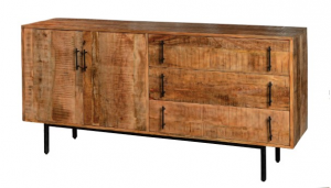 Smilia - Credenza bassa 2 ante e 3 cassetti, in legno massello di mango e base in metallo, colore naturale stile contemporaneo, dimensioni 175 x 43 x 86 h