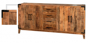 Doyle 200 - Credenza bassa 4 ante e 4 cassetti, in legno massello di mango e metallo, colore naturale stile contemporaneo, dimensioni 200 x 45 x 91 h