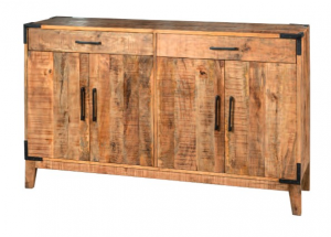 Doyle 150 - Credenza bassa 4 ante e 2 cassetti, in legno massello di mango e metallo, colore naturale stile contemporaneo, dimensioni 150 x 45 x 91 h