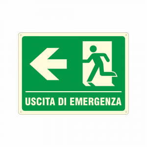 Cartello luminescente Uscita di emergenza a sinistra UNI EN ISO 7010