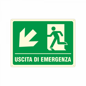Cartello luminescente uscita di emergenza in basso a sinistra UNI EN ISO 7010