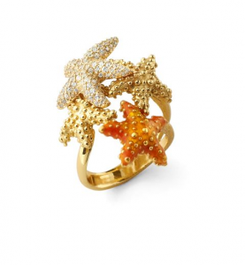 Ring with starfish in silver, orange enamel and zircons