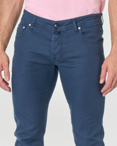 Pantalone cinque tasche blu in tessuto diagonale di cotone stretch
