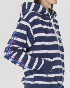 Felpa blu a righe bianche con cappuccio e logo Polo Sport stampato sul petto e lungo la spalla