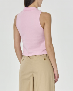 Polo cropped rosa in piquè di cotone senza maniche con logo bianco ricamato