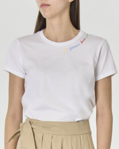 T-shirt bianca in cotone con ricamo Peace Love Polo lungo lo scollo tondo