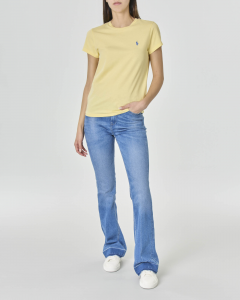 T-shirt girocollo gialla in cotone con maniche corte e logo azzuro ricamato