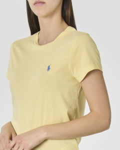 T-shirt girocollo gialla in cotone con maniche corte e logo azzuro ricamato