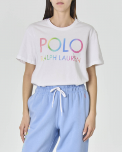 T-shirt bianca in cotone modello over con scritta logo arcobaleno stampato