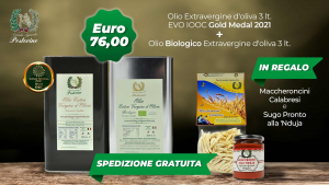 Offerta Olio Extravergine d oliva + Olio Extravergine bio latta 3 litri - Omaggio:  Maccheroncini Calabresi (5oog)e Sugo pronto alla 'Nduja