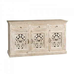 Nant - Credenza 3 ante e 3 cassetti, in legno di acacia intarsiato, colore bianco decapato in stile etnico chic, dimensione: cm 170 x 45 x 95 h