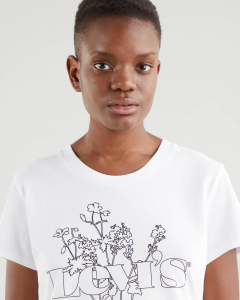 T-shirt bianca in cotone a maniche corte con disegno fiori stilizzati e logo stampati in nero