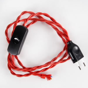 Cablaggio per lampada rosso con interuttore e spina nera, cavo treccia tessile 120 cm (spina) + 80 cm (attacco).