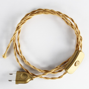 Cablaggio per lampada treccia tessile con interruttore e spina oro, 120 cm (spina) + 80 cm (attacco).