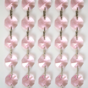Catena ottagoni 14 mm in cristallo rosa, lunghezza 50 cm, clip nickel.
