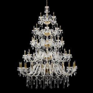 Grande lampadario cristallo 60 luci su 5 piani stile Boemia, allestito in cristallo molato e struttura cromo.