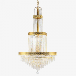 Large Empire style chandelier with transparent ground crystal setting, gold structure.