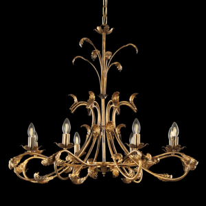 Lampadario a 8 luci con cimiero, struttura bronzo spennellato oro con foglie e bracci curvi