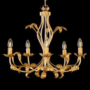 Lampadario stile fiorentino a 5 luci, telaio forgiato a mano, spazzolato oro con foglie ricurve
