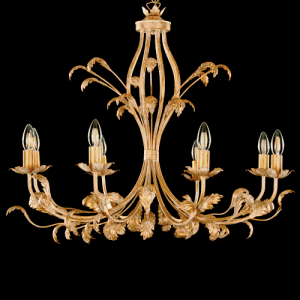 Lampadario stile fiorentino a 8 luci, telaio forgiato a mano, spazzolato oro con foglie ricurve