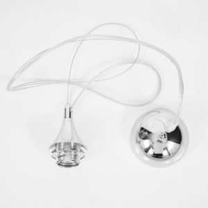 Montatura lampada E27 sospensione cromo lucido rosone filo acciaio e cavo elettrico trasparente.