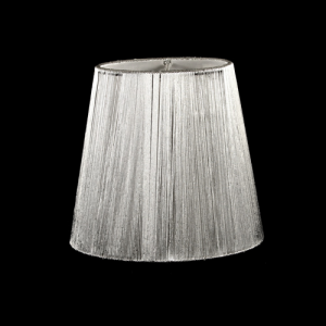 Paralume tronco cono Ø13 x Ø9 x h12 cm - fili di tessuto argento - attacco a molla - telaio bianco