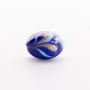 Perla di Murano a oliva 42 mm con fascia oro e bronzo, vetro blue e celeste  con foro passante.