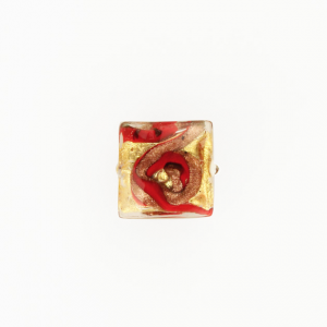 Perla di Murano quadrata Medusa Ø14. Vetro bianco rosso, foglia oro e avventurina. Foro passante.