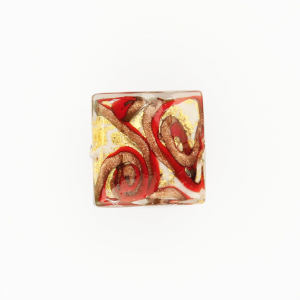 Perla di Murano quadrata Medusa Ø18. Vetro bianco, rosso, foglia oro e avventurina. Foro passante.