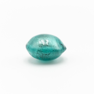 Perla di Murano schissa Sommersa Ø14. Vetro verde marino e foglia argento. Foro passante.