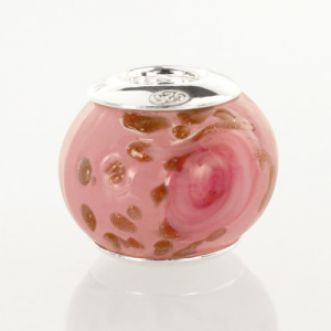 Perla di Murano stile Pandora Boccioli di rosa Ø13. Vetro rosa e avventurina. Borchia argento 925. Foro passante.