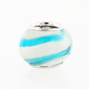 Perla di Murano stile Pandora Sommersa Ø13. Vetro bianco, turchese. Borchia argento 925. Foro passante.