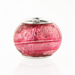 Perla di Murano stile Pandora Sommersa Ø13. Vetro rosa, foglia argento. Borchia argento 925. Foro passante.
