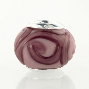 Perla di Murano stile Pandora Vortice Ø13. Vetro rosa. Borchia argento 925. Foro passante.