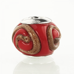 Perla di Murano stile Pandora Vortice Ø13. Vetro rosso e avventurina. Borchia argento 925. Foro passante.