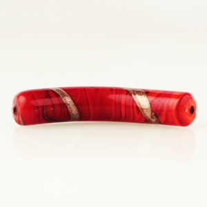 Murano pearl curved tube Ø10x48. White, red and aventurine glass. Through hole.