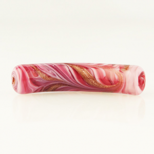 Murano pearl curved tube Ø10x48. White, ruby, pink and aventurine glass. Through hole.