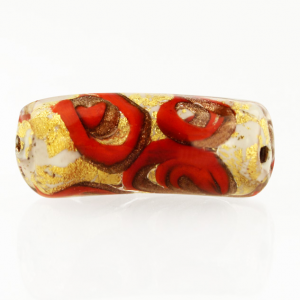 Perla di Murano tubo curvo Medusa Ø9x22. Vetro bianco, rosso, foglia oro e avventurina. Foro passante.