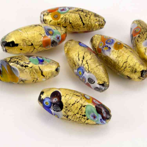 Oval Murano glass bead 45 mm. Gold leaf with multicolor murrine. Through hole.