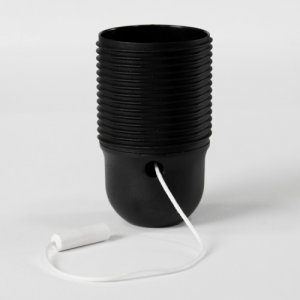 Portalampada filettato nero in plastica E27 con interruttore a filo, composto da fondello pastiglia corpo