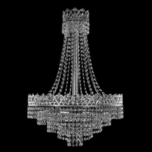 Sospensione stile Impero con allestimento in cristalli molati trasparenti, struttura nickel.
